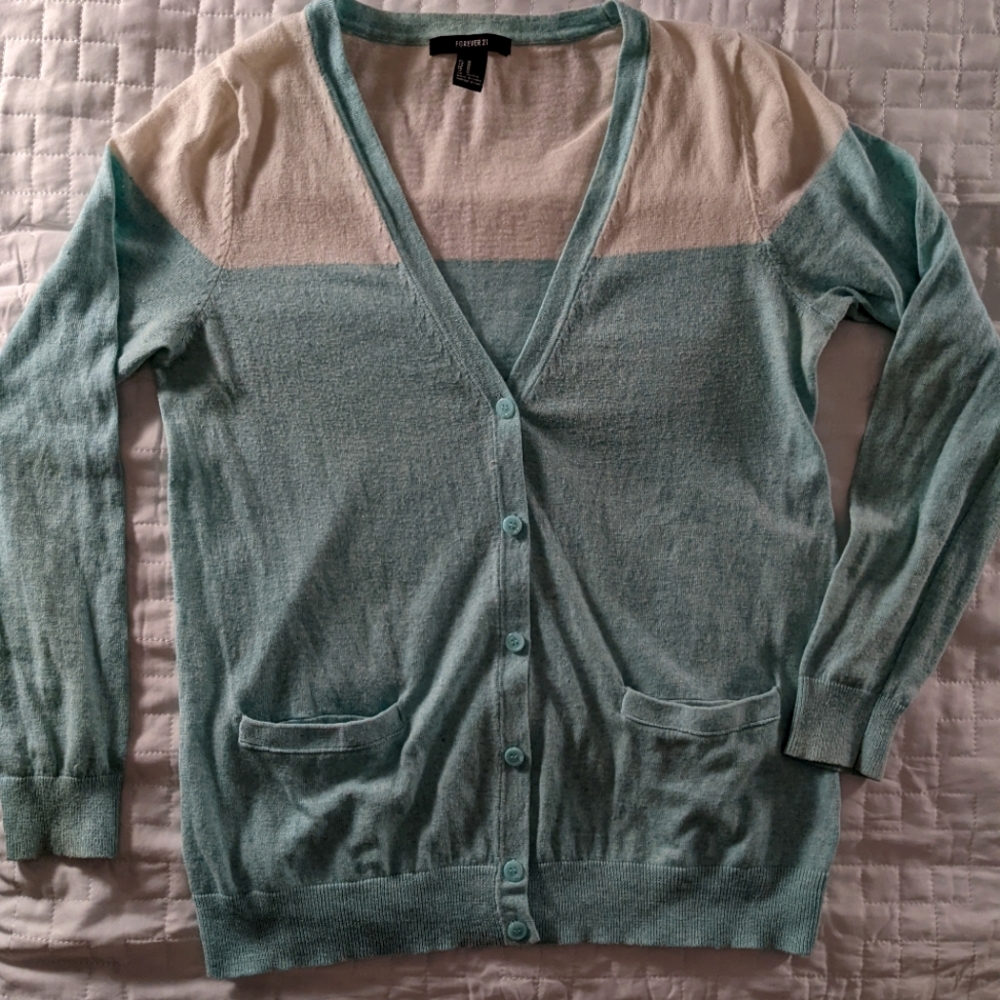 Forever 21 V-Neck Cardigan, Light Blue & White, Size M